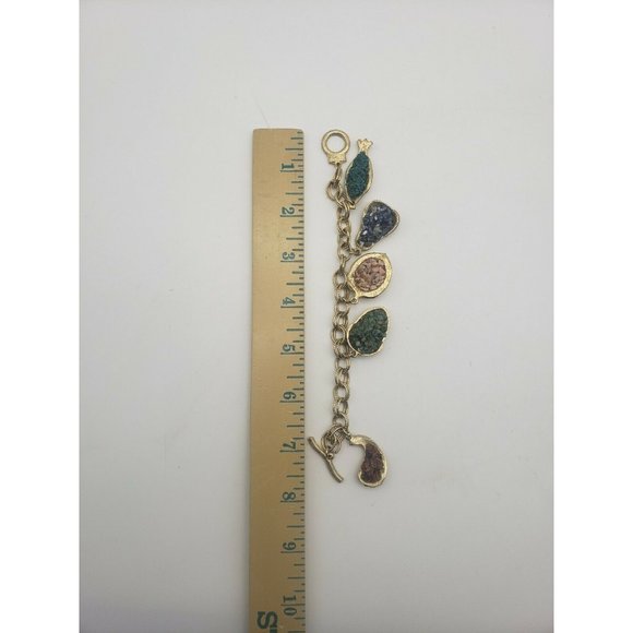 Large Chunky Gold Tone Charm Bracelet Fruit Charms W/Stone - Picture 3 of 3